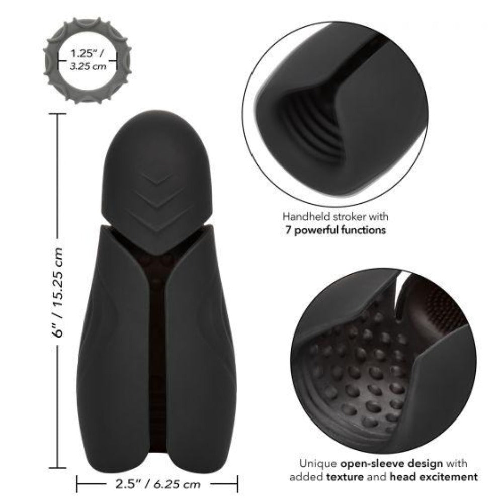 Black vibrating stroker with textured interior and dimension callouts.