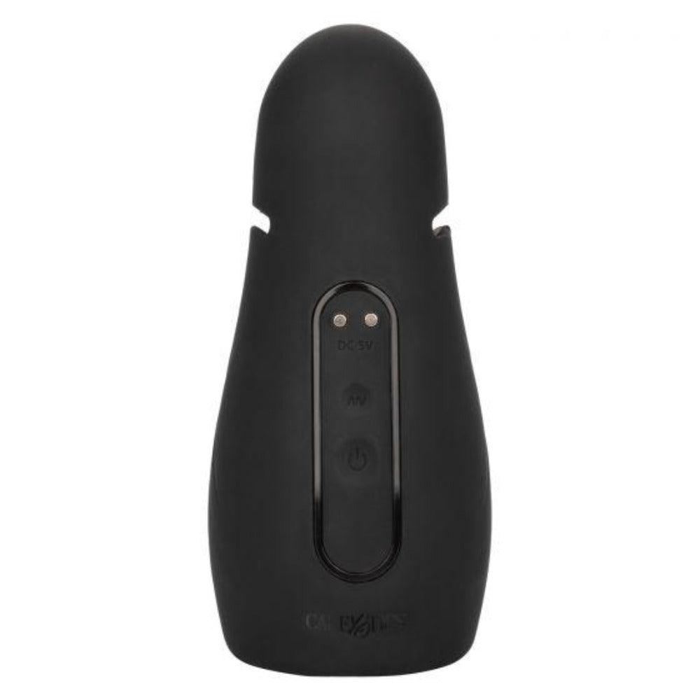 Black vibrating masturbator with buttons and charging port.