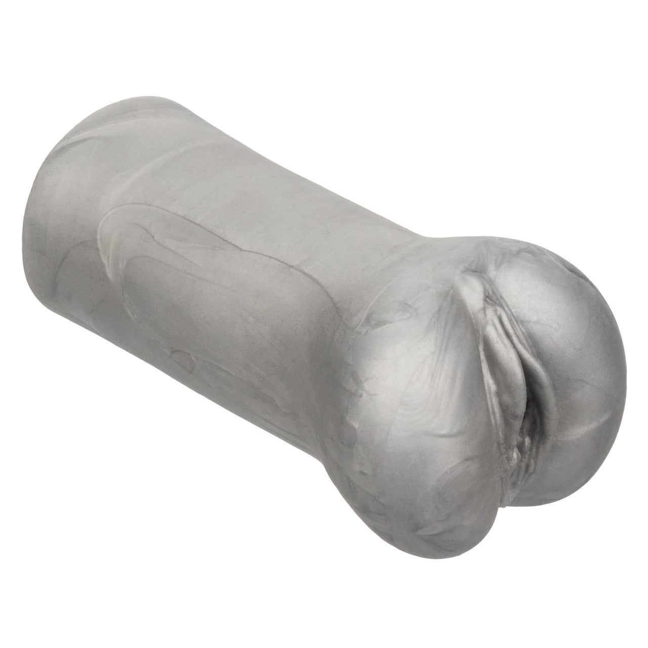 A grey, textured suction masturbator with a realistic opening.