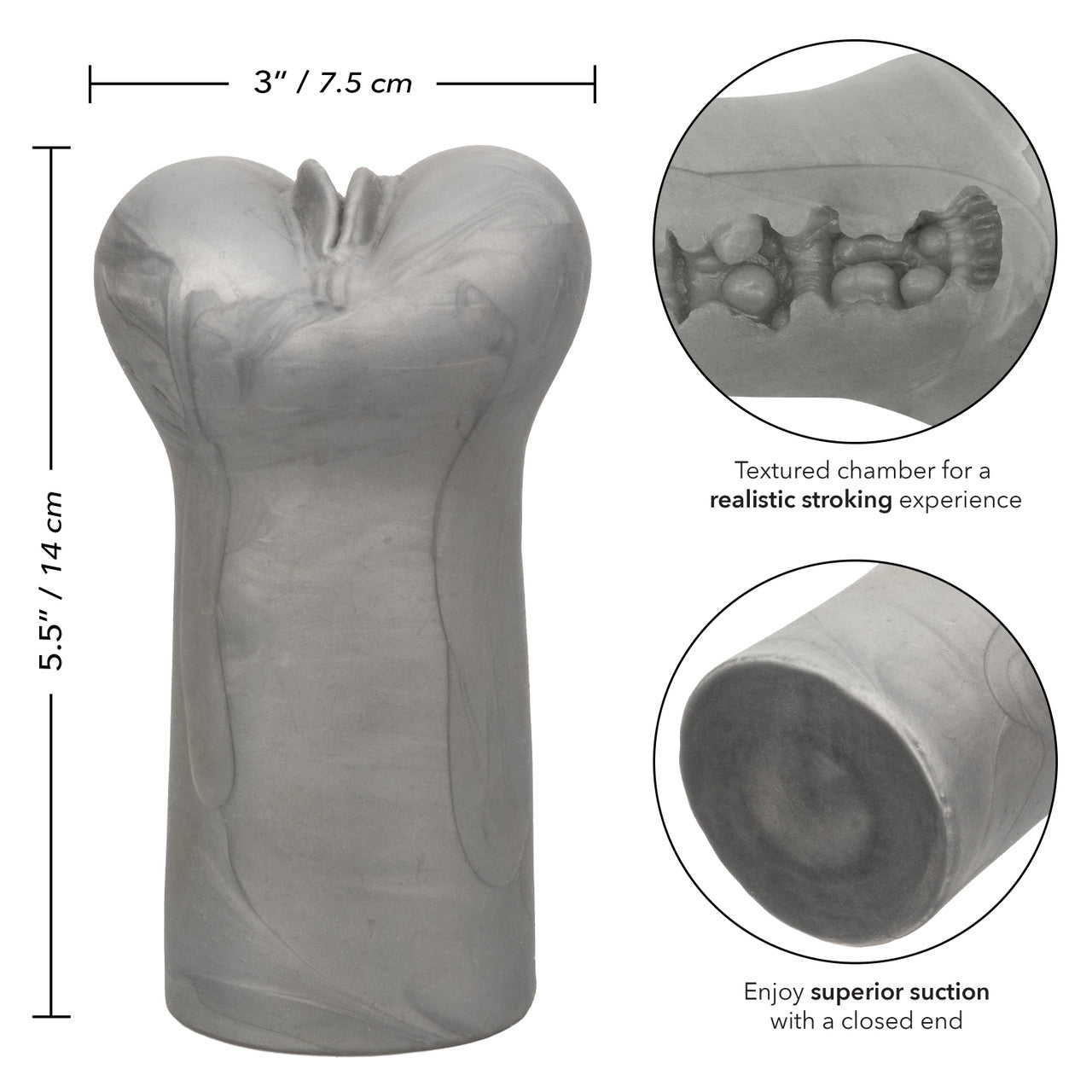 A grey textured masturbator with dimensions 5.5 inches tall and 3 inches wide.