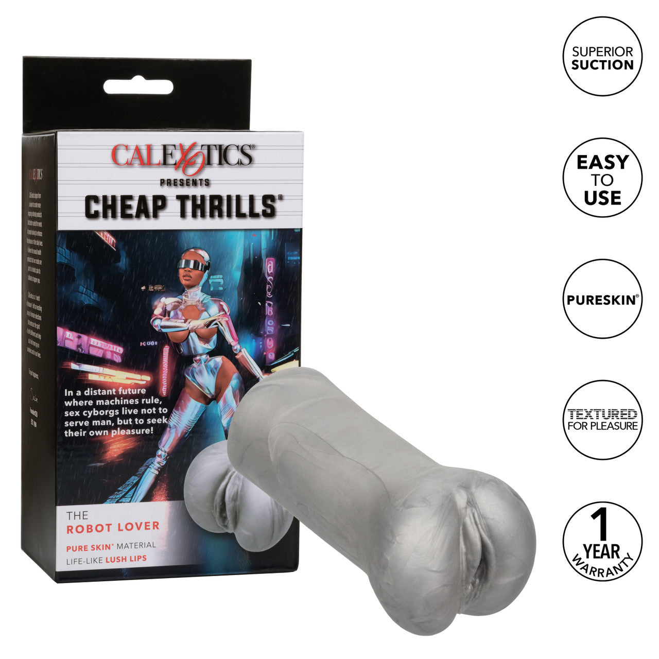 A grey textured masturbator with a box that says "Cheap Thrills" and "The Robot Lover".