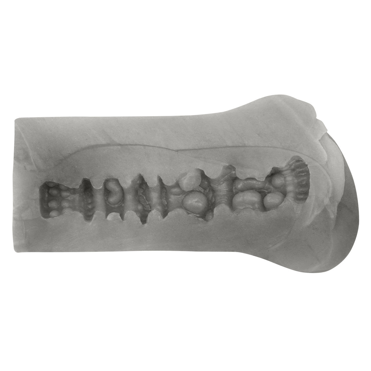 A grey textured suction masturbator with a ribbed interior.