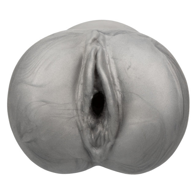 A grey, textured suction masturbator with a realistic appearance.
