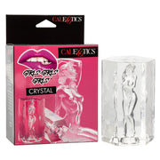 Transparent masturbator with a female figure inside, on a pink box.