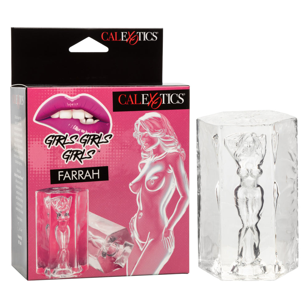 Transparent suction stroker masturbator with Farrah silhouette on pink packaging.