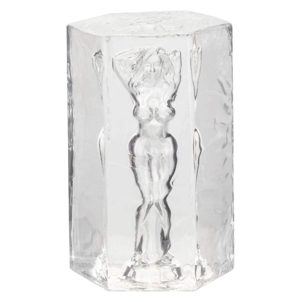Clear hexagonal masturbator with a female figure inside.