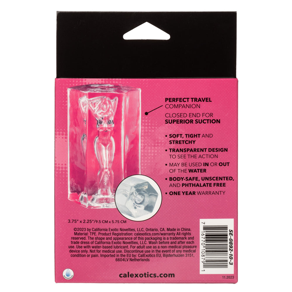 Transparent suction stroker masturbator with a female figure inside.