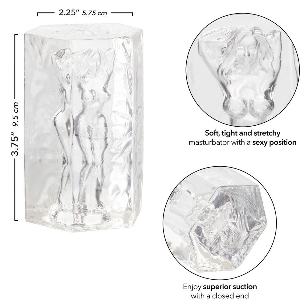 Transparent masturbator with a female figure inside and suction.