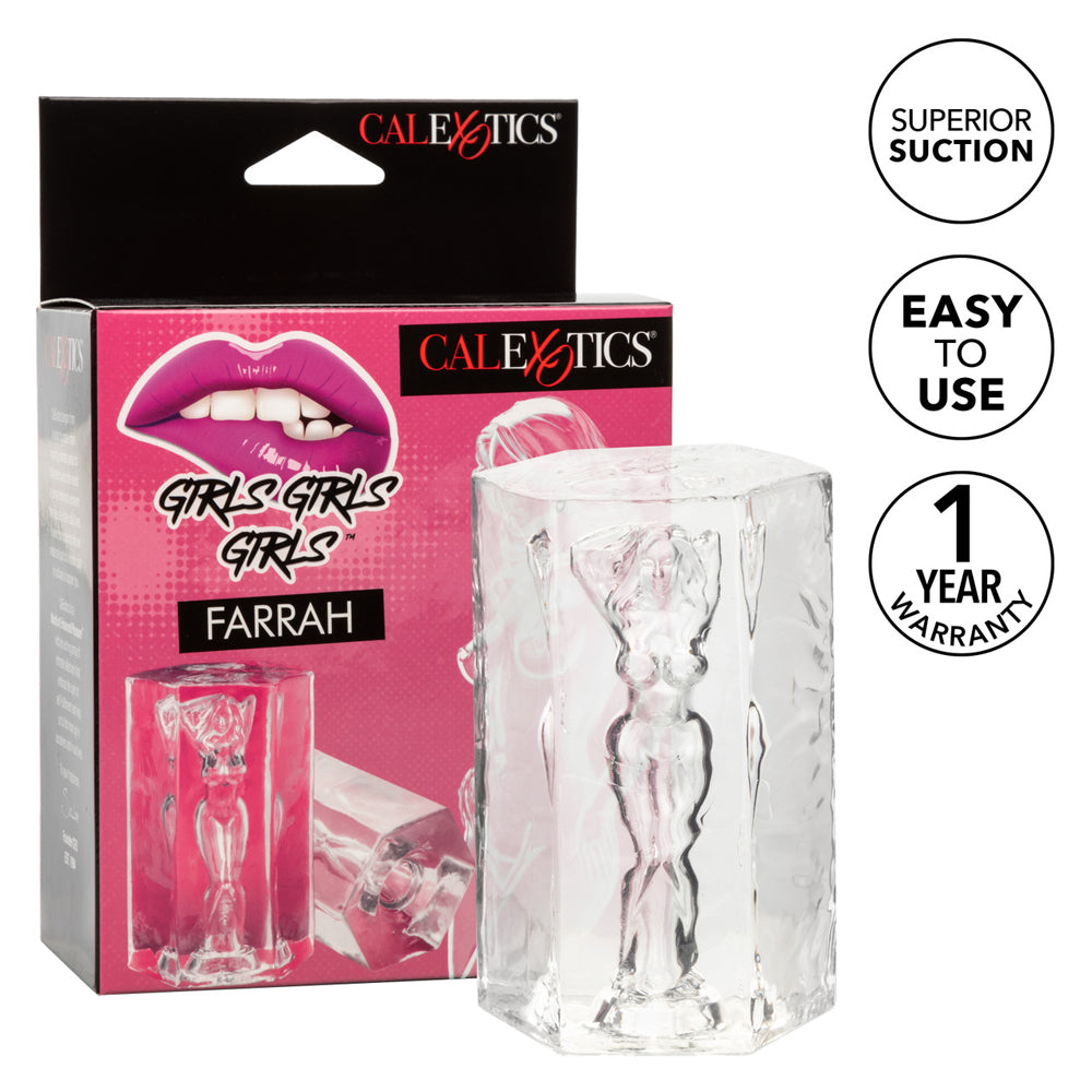 Farrah transparent suction stroker masturbator with a female figure inside.
