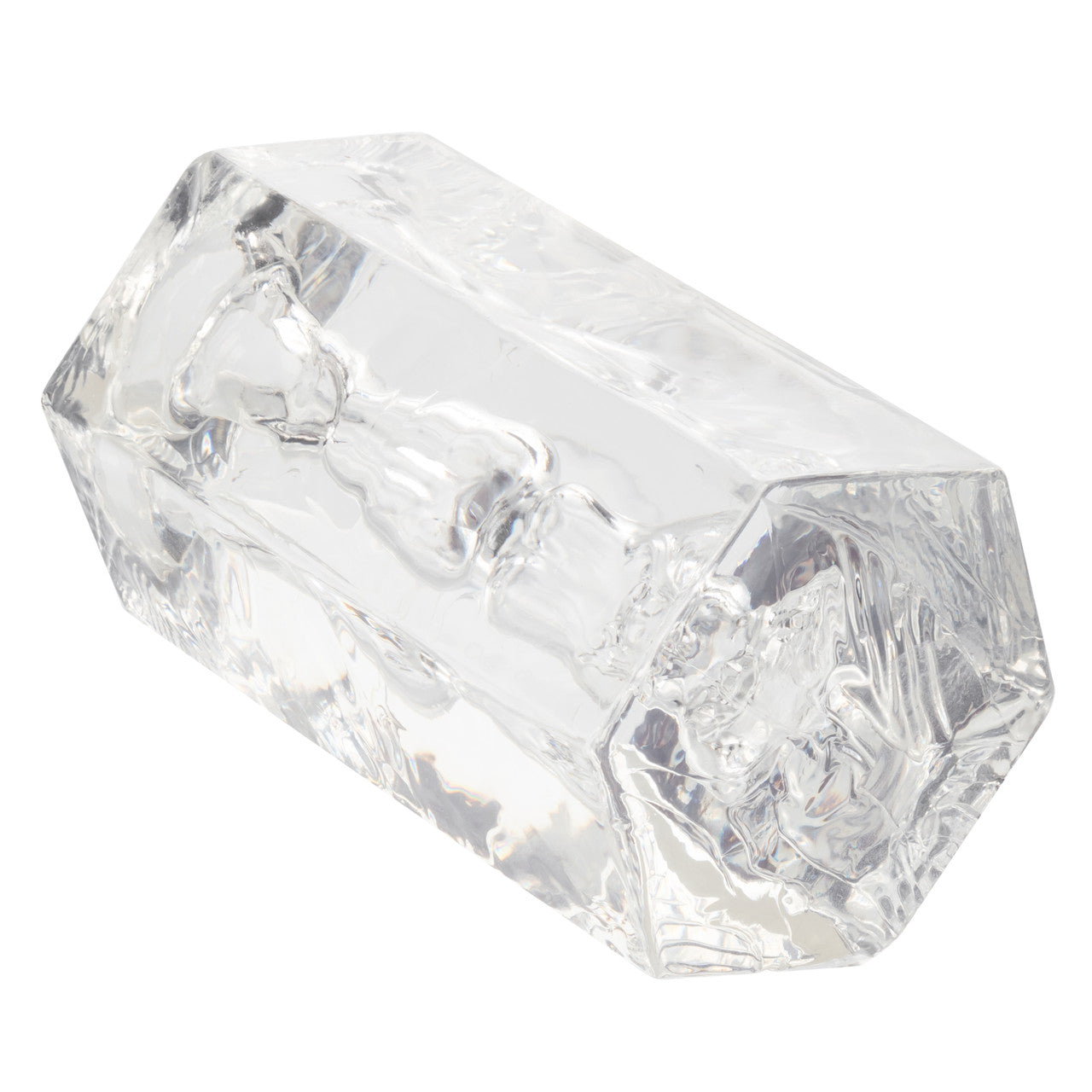 A clear, hexagonal glass object with textured interior surfaces.