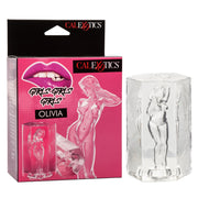 Transparent Olivia suction stroker toy with hexagonal clear body and female figure design.