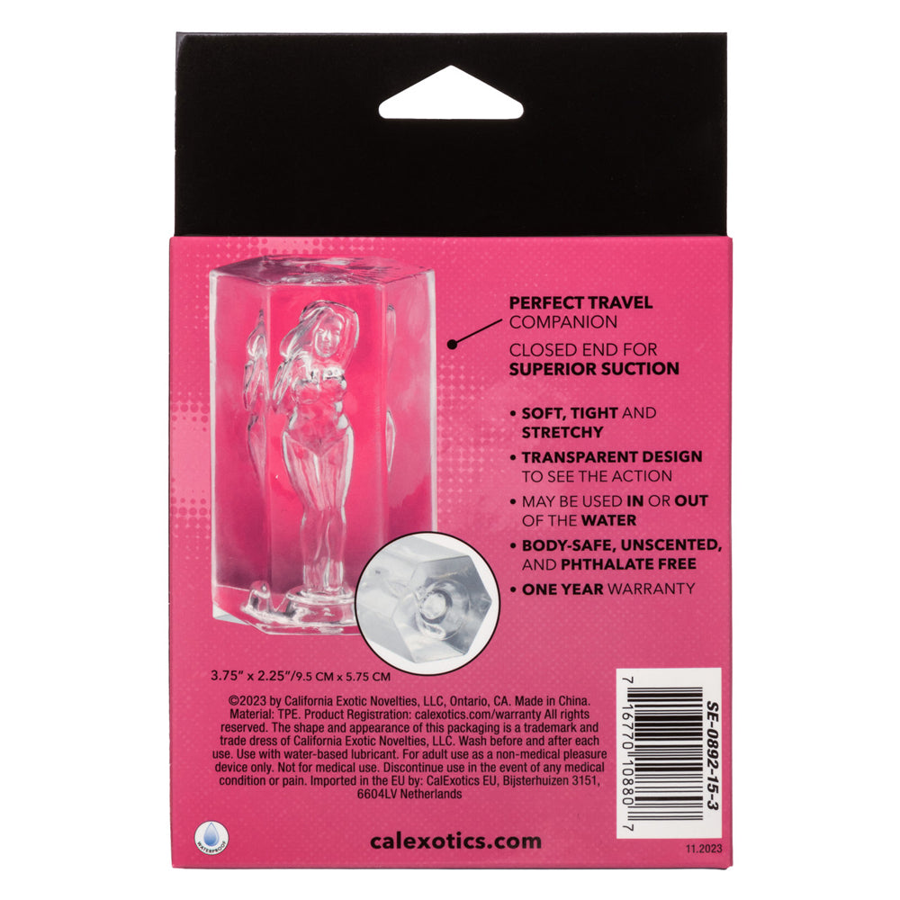 Transparent pink suction stroker with female figure design and product details on back.