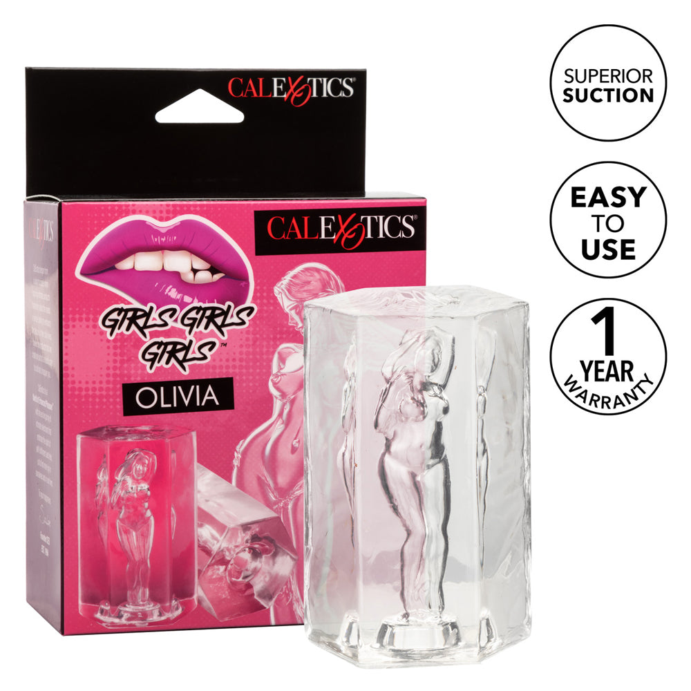Transparent Olivia suction stroker with female figure in pink packaging by Calexotics.