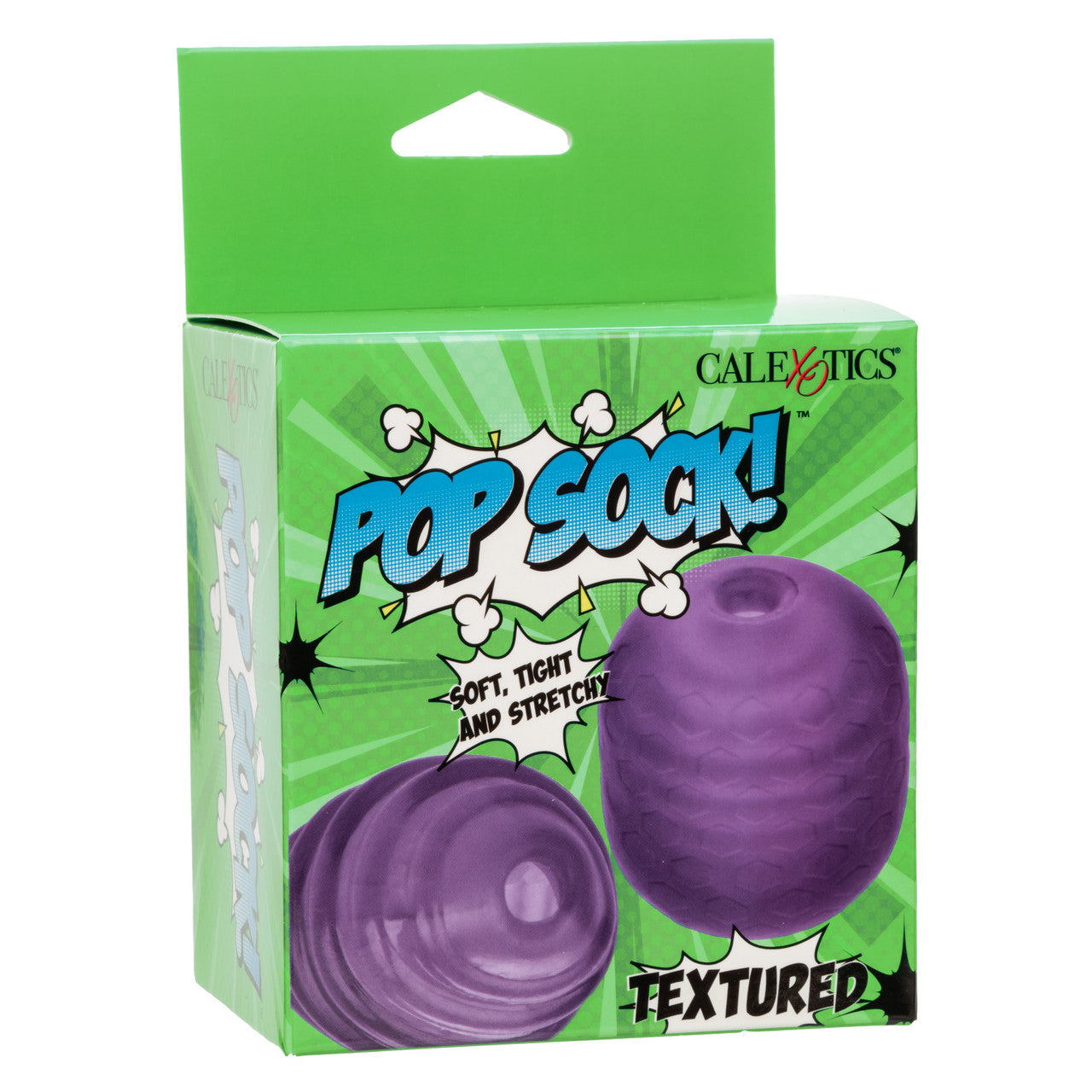 A purple Pop Sock textured stroker with a green box.