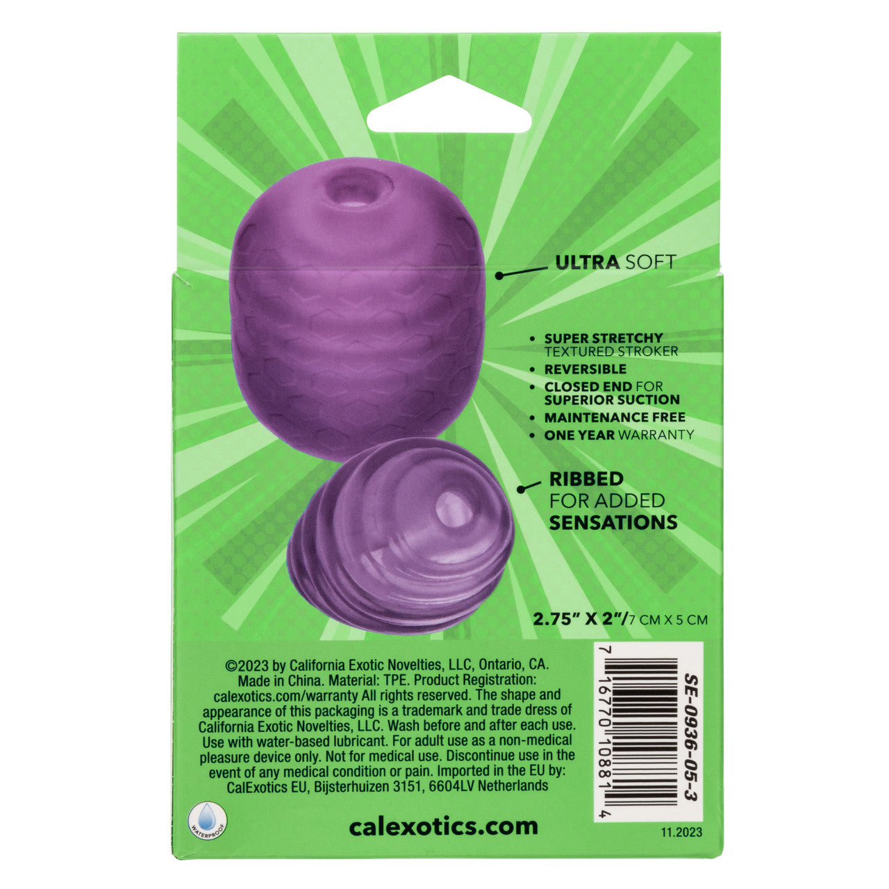 Purple textured reversible stroker with suction and ribbed details.