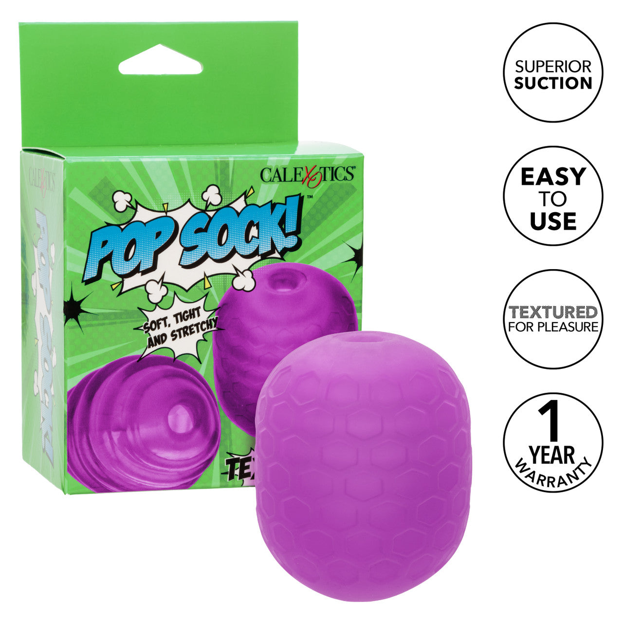 Purple Pop Sock textured stroker with suction and a honeycomb pattern.