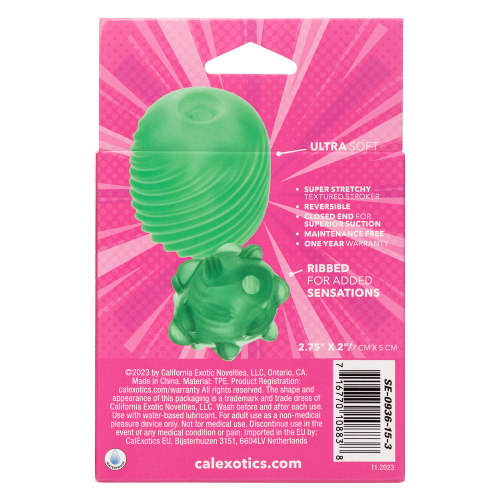 Green textured reversible stroker with suction and ribbed details.