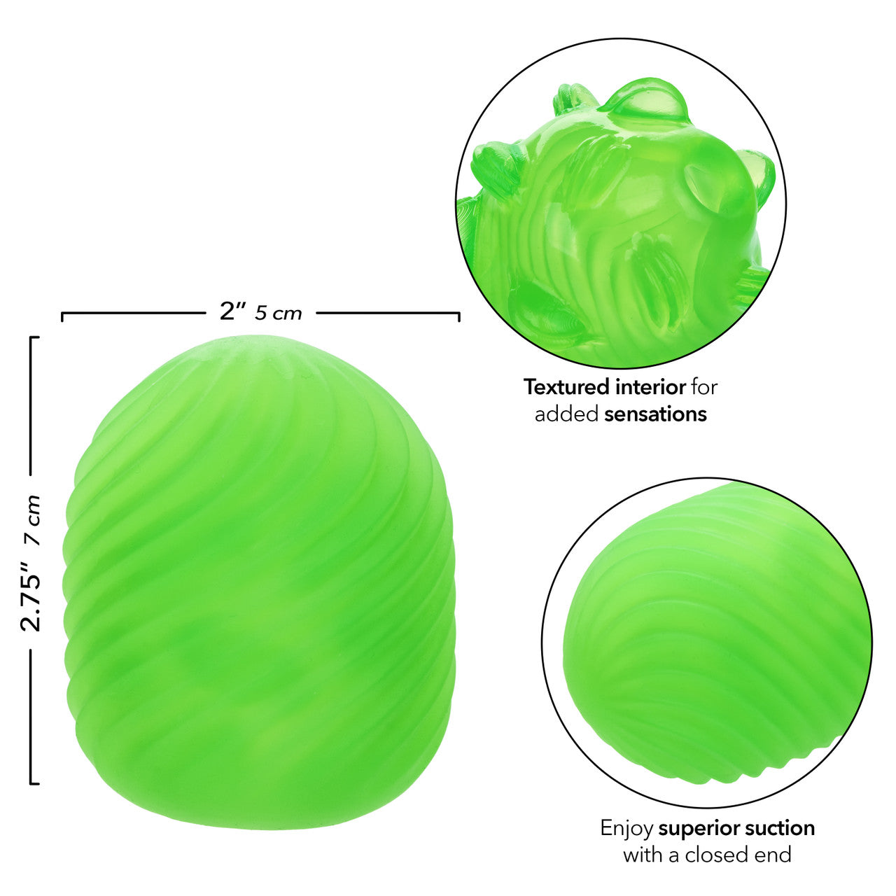 Green textured stroker with suction, measuring 2.75 inches tall and 2 inches wide.