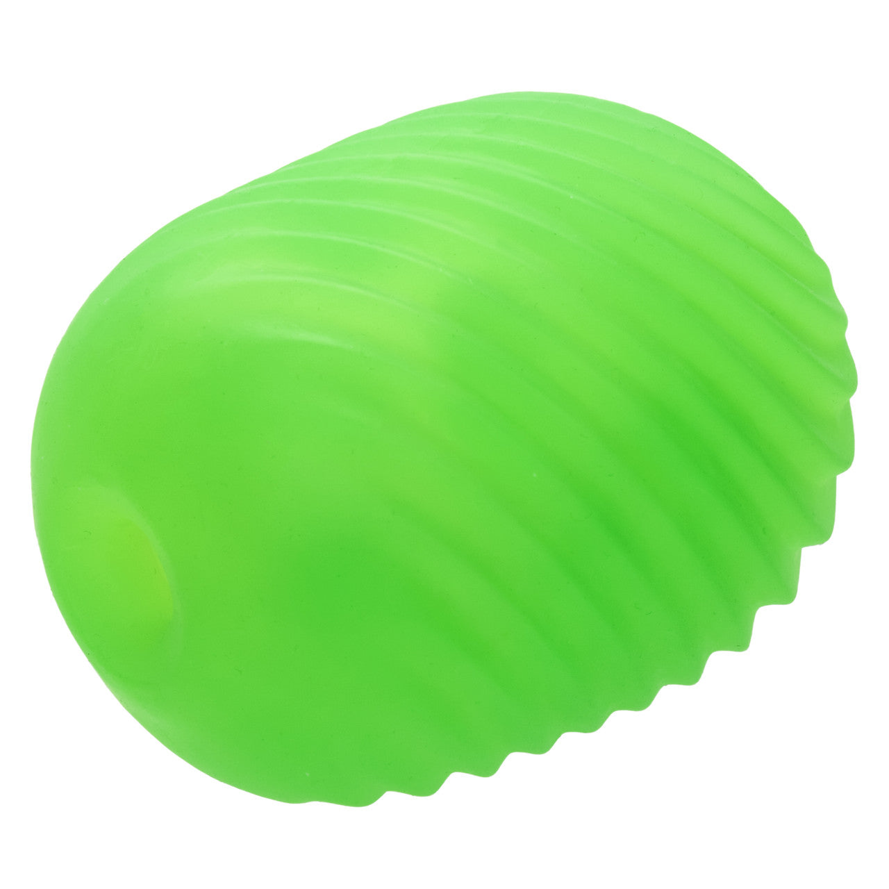 A green textured stroker with a ribbed surface and a suction end.