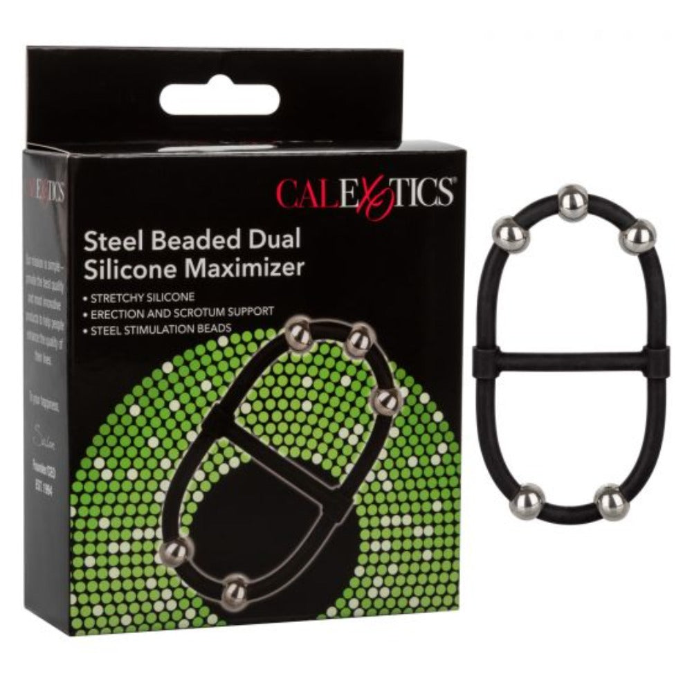 Steel beaded dual silicone cock ring with scrotum support.