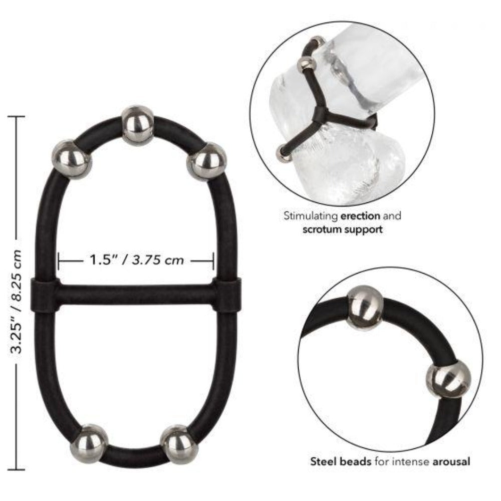 Dual silicone cock ring with steel beads and scrotum support.