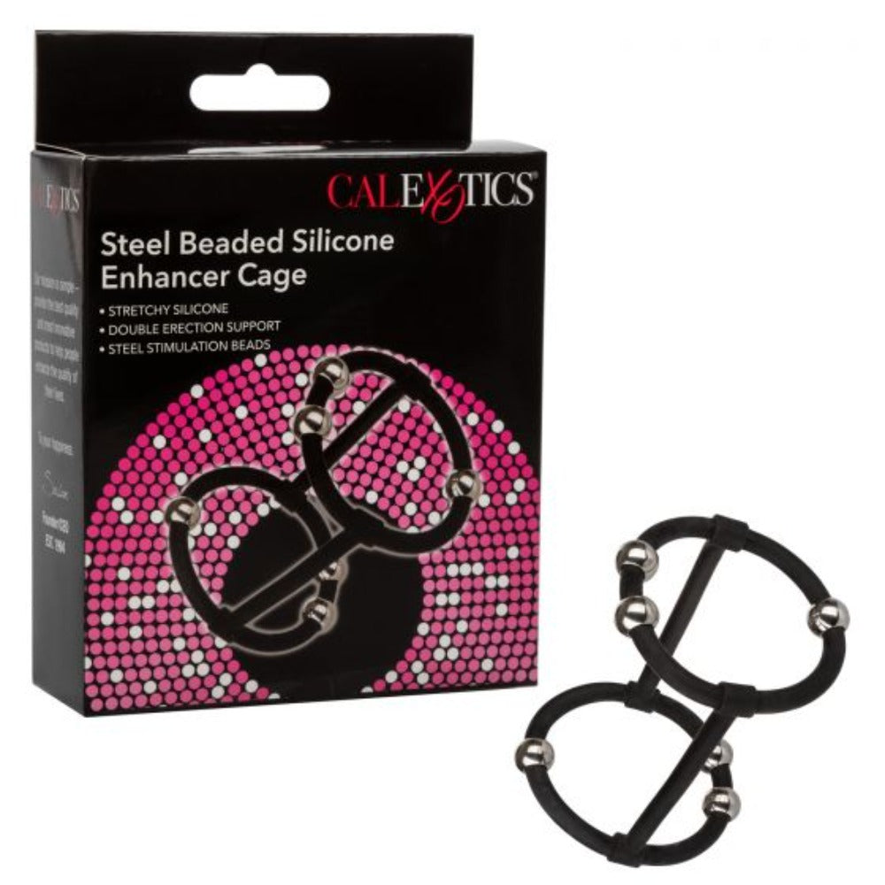 Steel beaded silicone dual enhancer cage with black straps and silver beads.