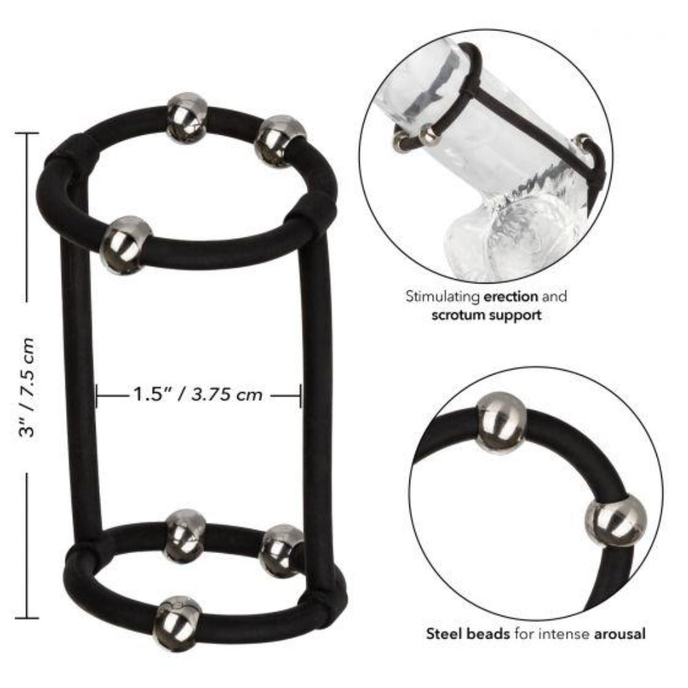 A black silicone cage with steel beads, measuring 3 inches tall and 1.5 inches wide.