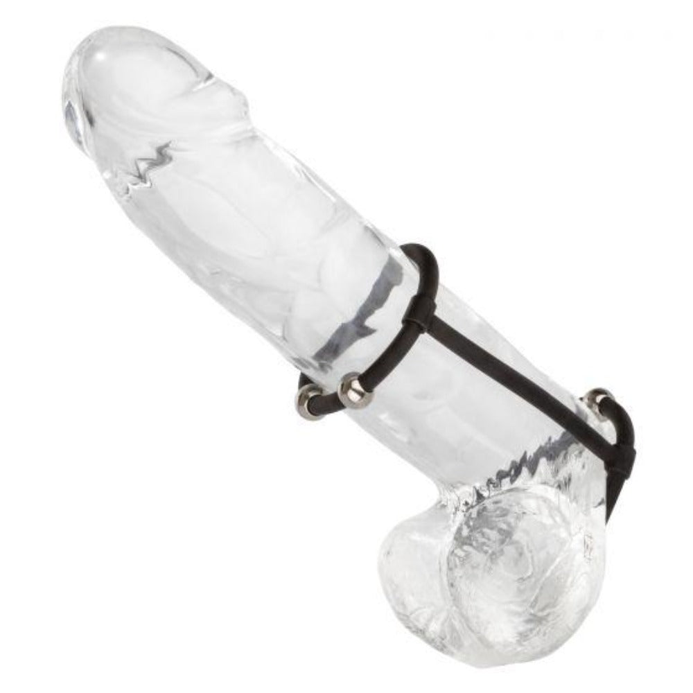 Clear silicone dual enhancer cage with black straps and steel beads.