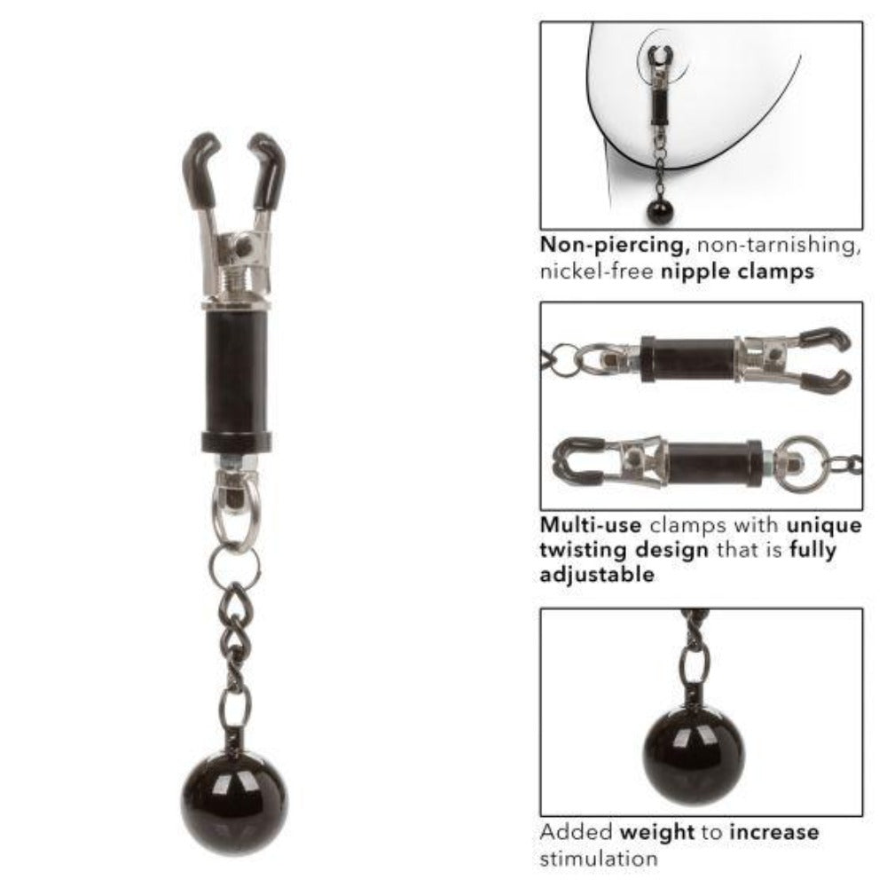 Adjustable nipple clamps with a swinging weight and twisting design.