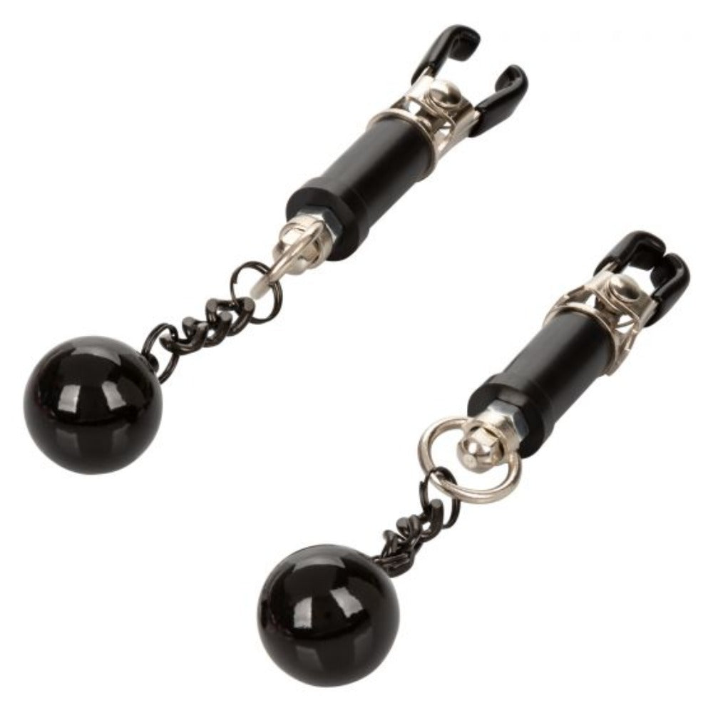 Two black weighted nipple clamps with adjustable tension.