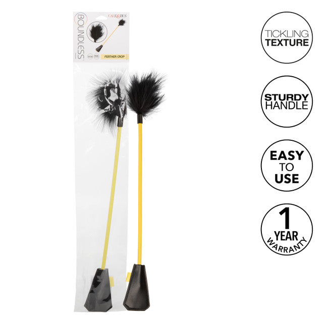 Boundless Feather Crop and Faux Leather Tickler with yellow handles.