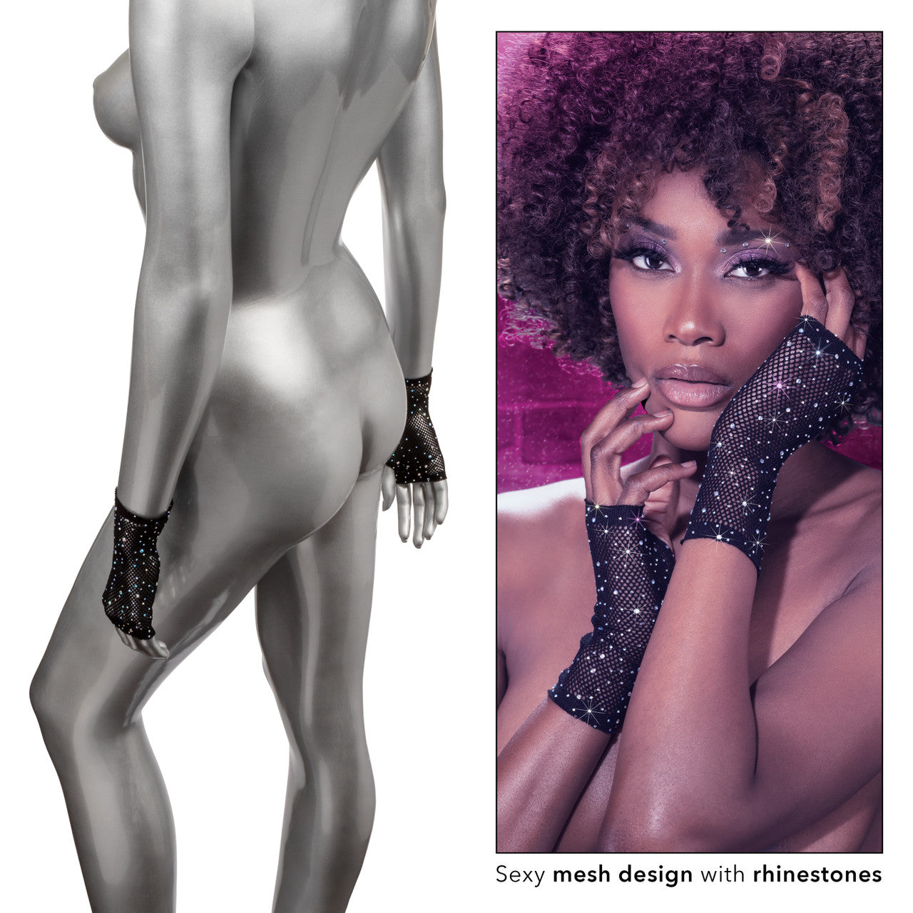 Black mesh fingerless gloves with rhinestones.