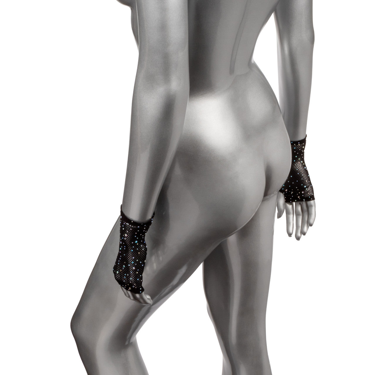 Black mesh fingerless gloves with scattered rhinestones.