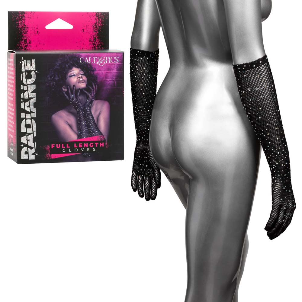Black mesh full-length gloves with rhinestones.
