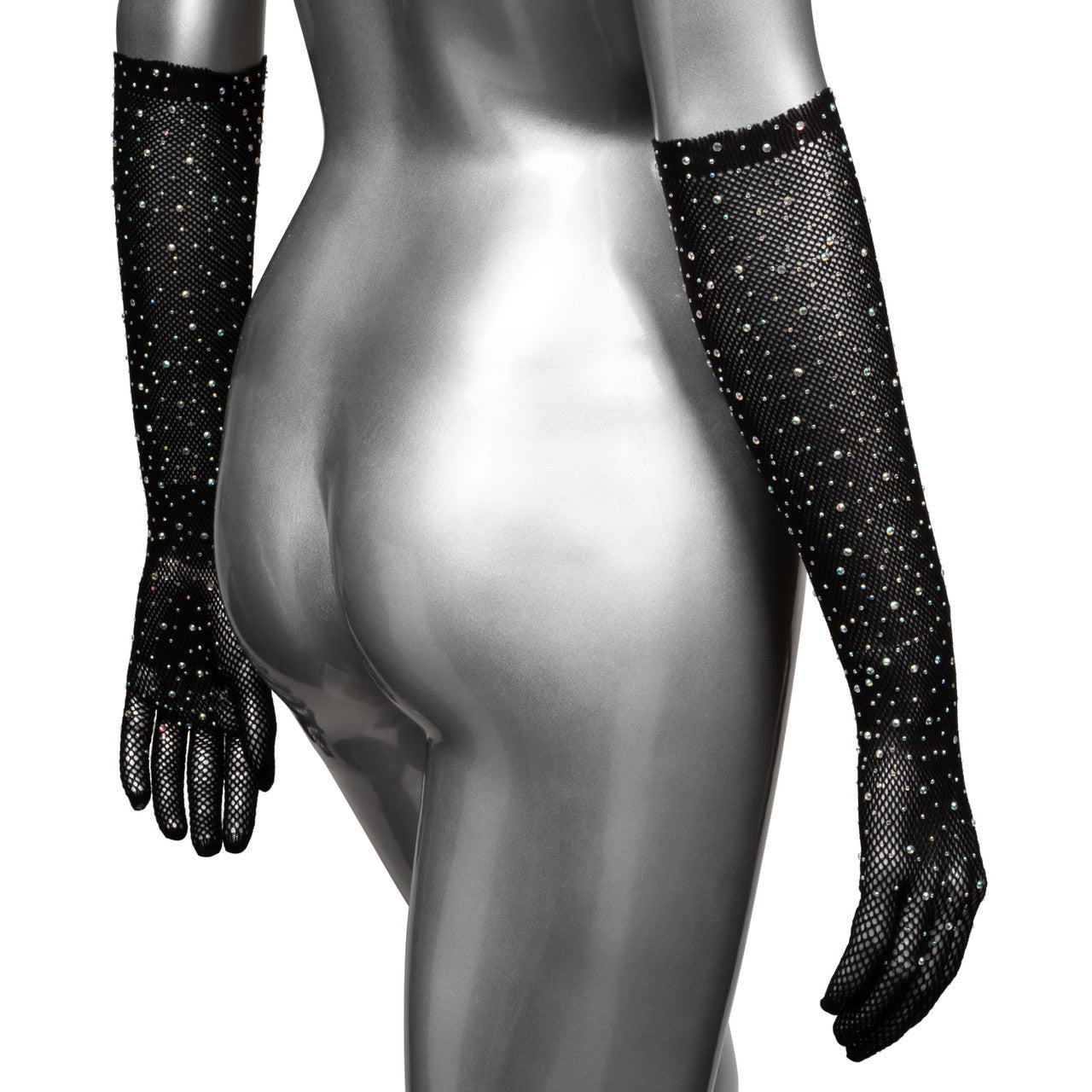 Black mesh full-length gloves adorned with rhinestones.