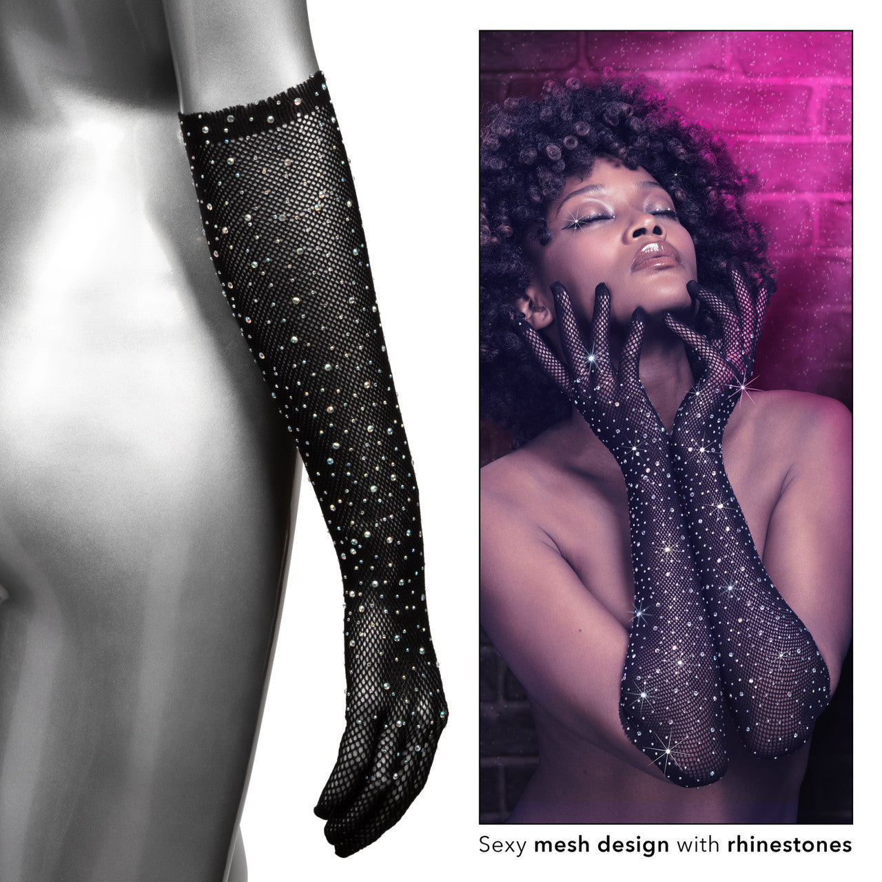Black mesh full-length gloves adorned with rhinestones.