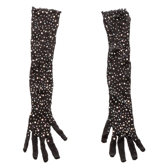 Black mesh full-length gloves adorned with scattered rhinestones.