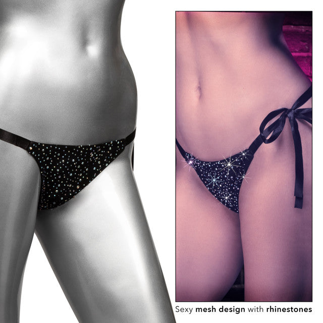 Black mesh panties with rhinestones and satin side ties.