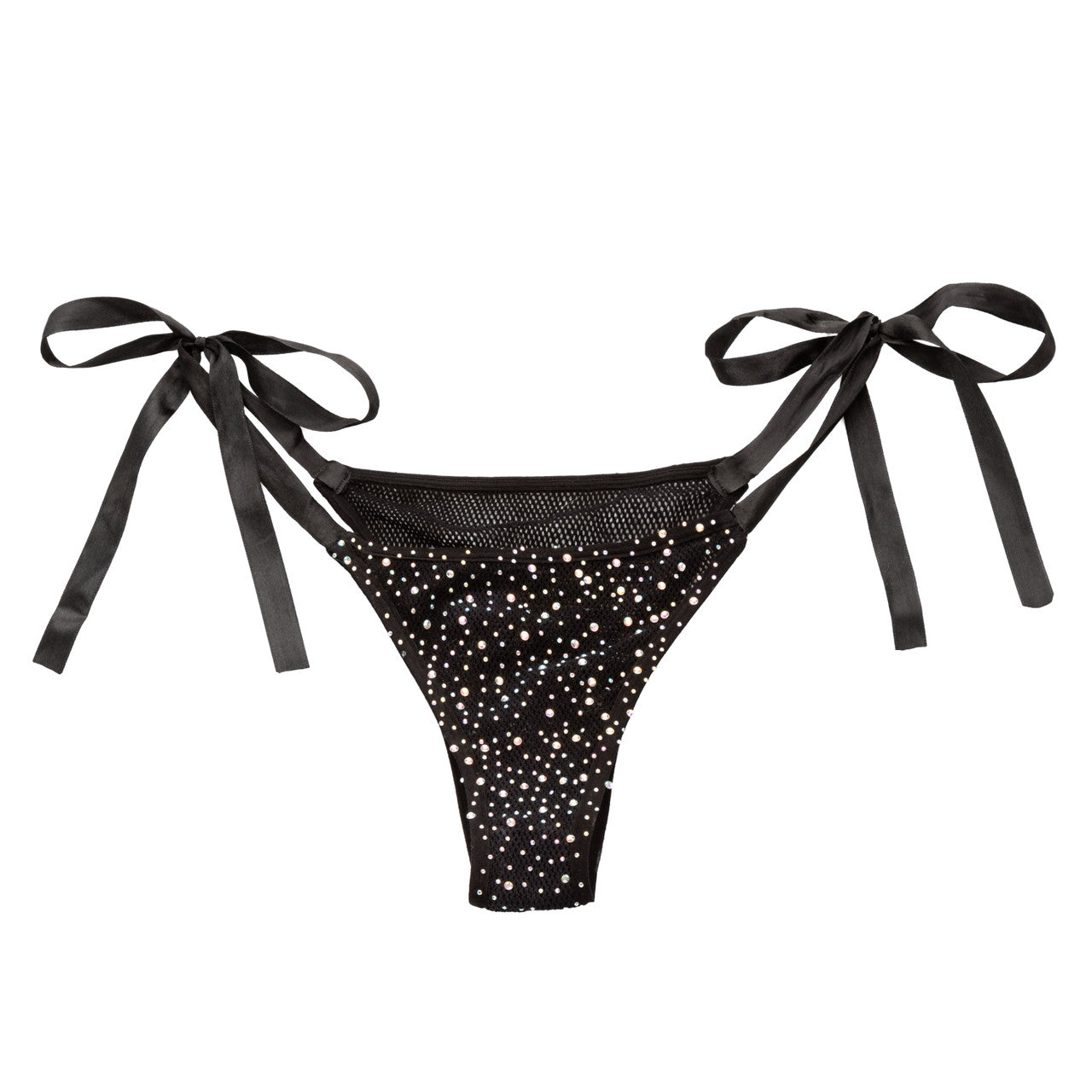 Black mesh thong with rhinestones and black satin side ties.