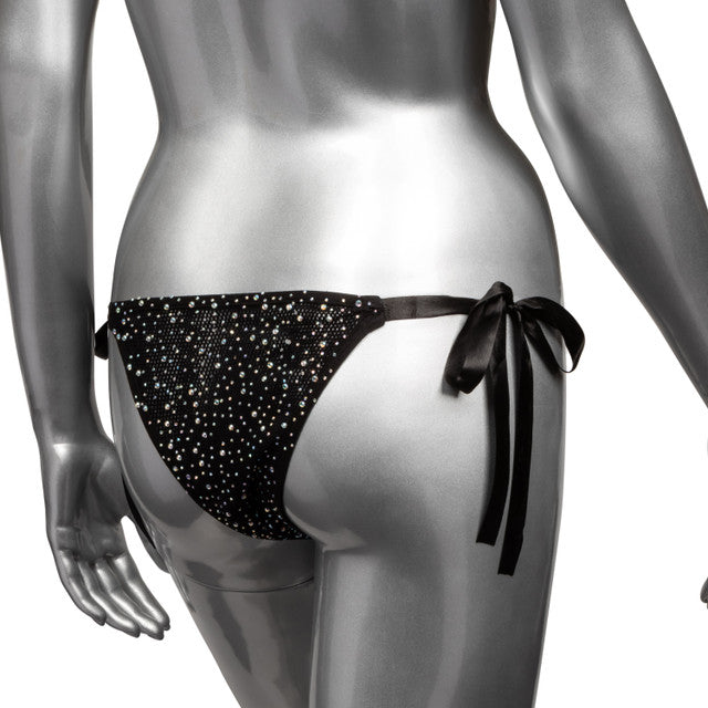 Black mesh panties with rhinestones and black satin side ties.