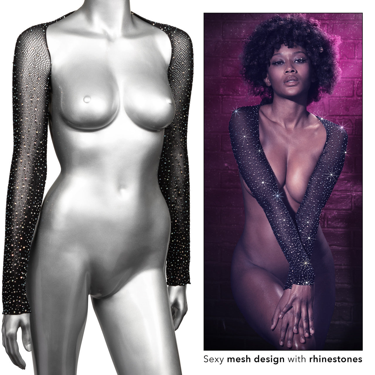 Black mesh shoulder shrug with rhinestones on a mannequin and a model.