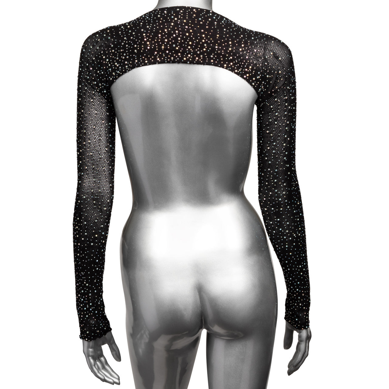 Black mesh shoulder shrug with rhinestones and long sleeves.