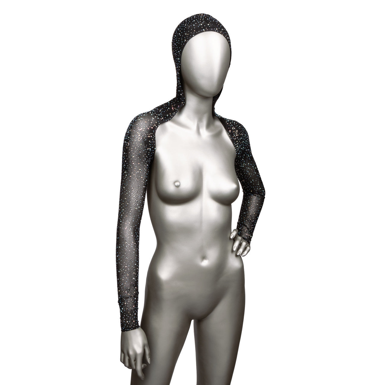 Rhinestone mesh hooded shoulder shrug on a mannequin.