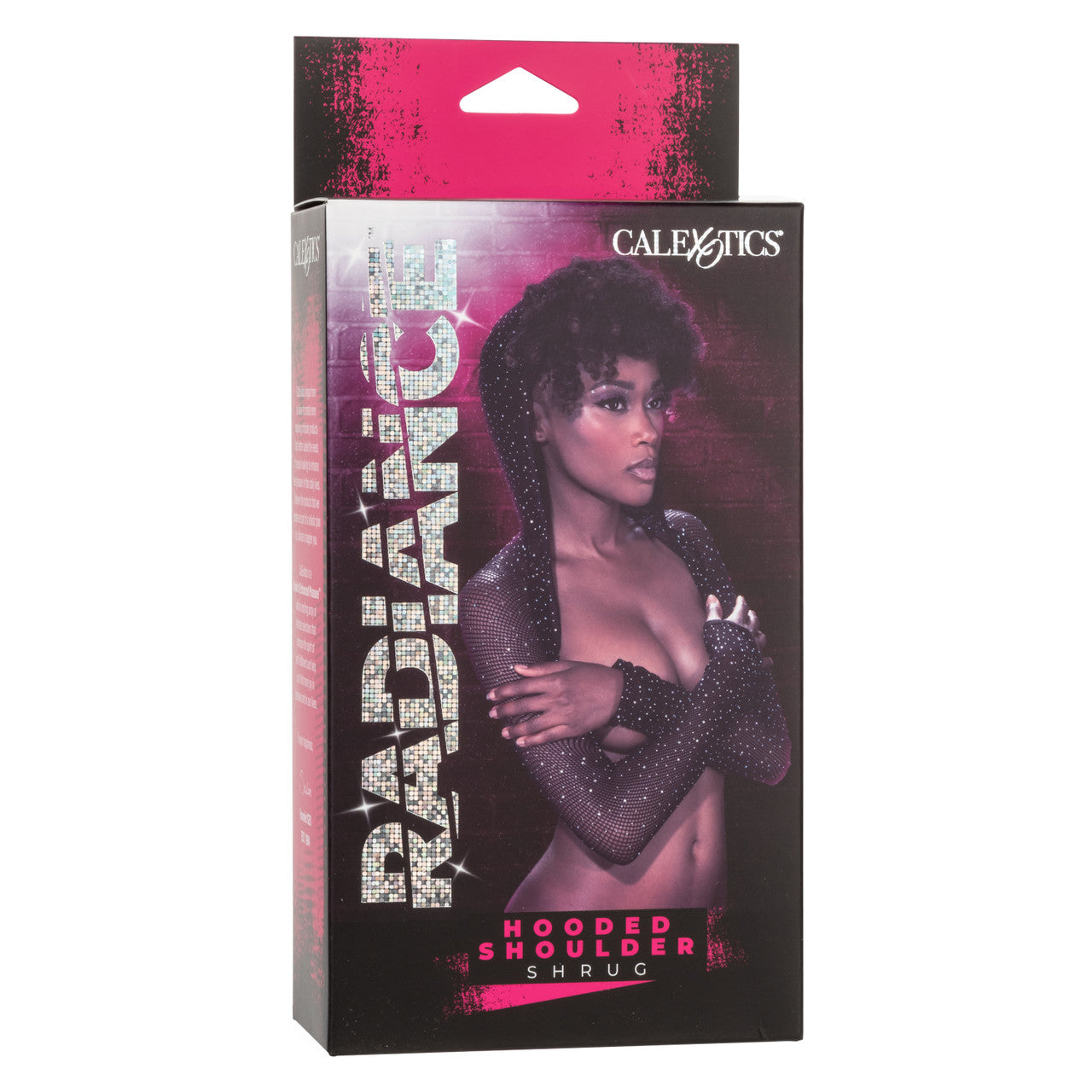Calexotics Rhinestone Mesh Hooded Shoulder Shrug packaging with a woman wearing the shrug.
