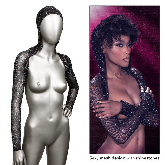 Rhinestone mesh hooded shrug with long sleeves.