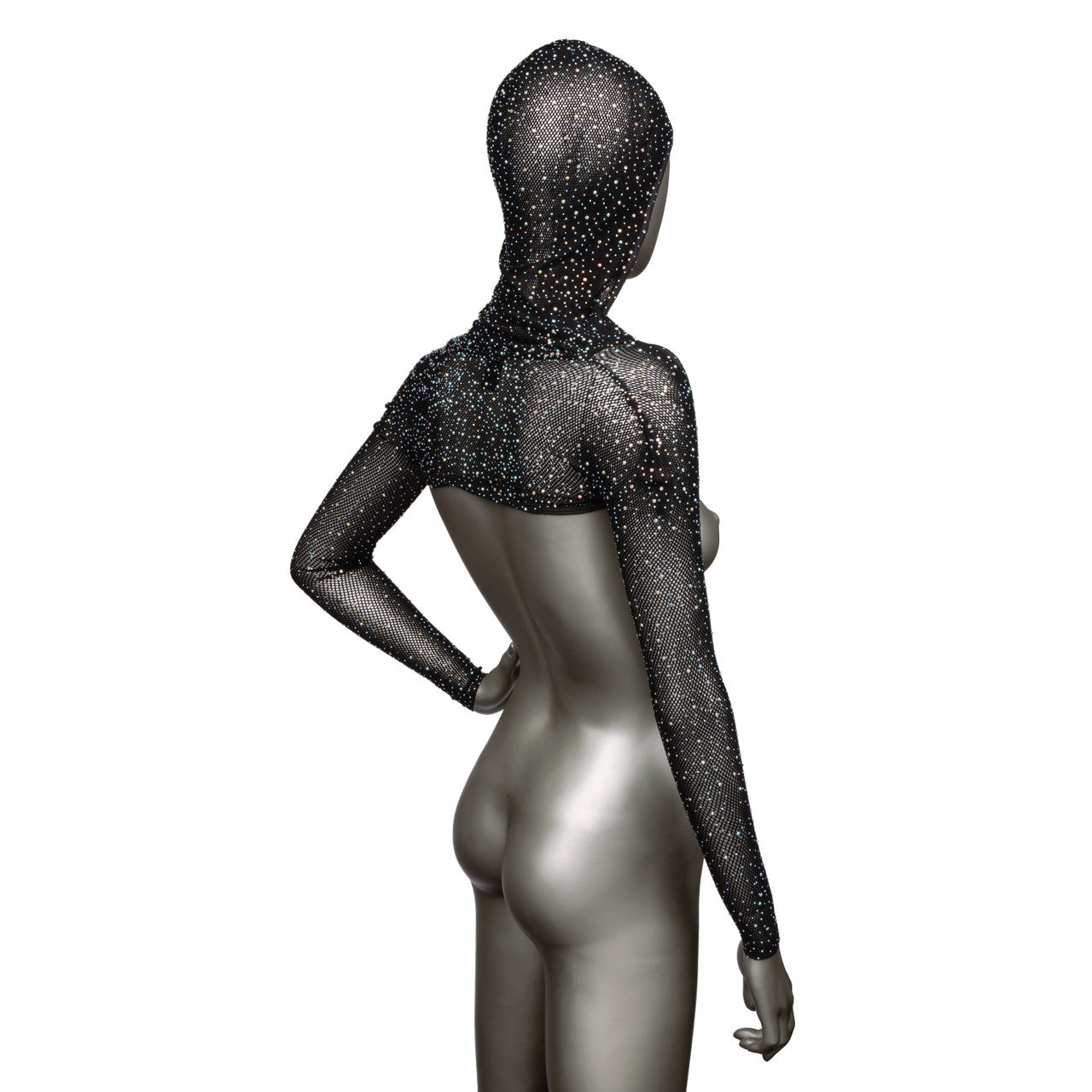 Rhinestone mesh hooded shoulder shrug with long sleeves.