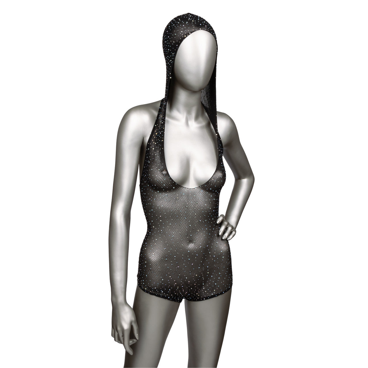Plus size hooded deep-v mesh bodysuit with rhinestones.