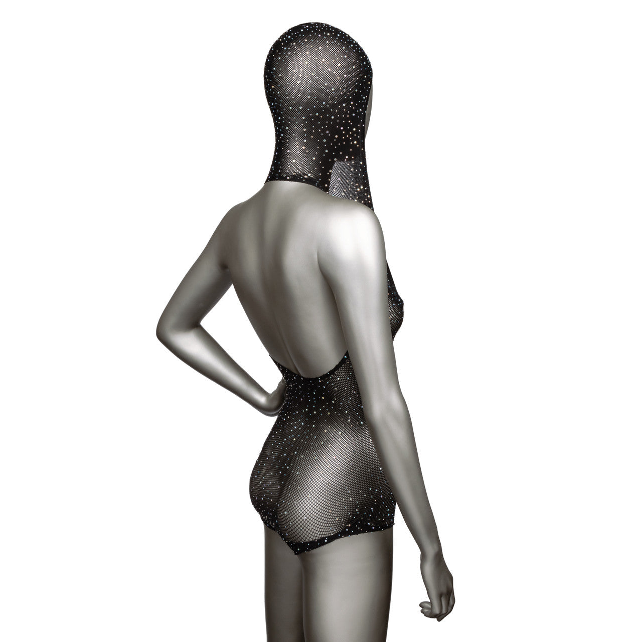Plus size hooded deep-v mesh bodysuit with rhinestones.