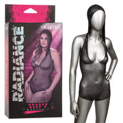 Plus size black hooded mesh bodysuit with rhinestones.