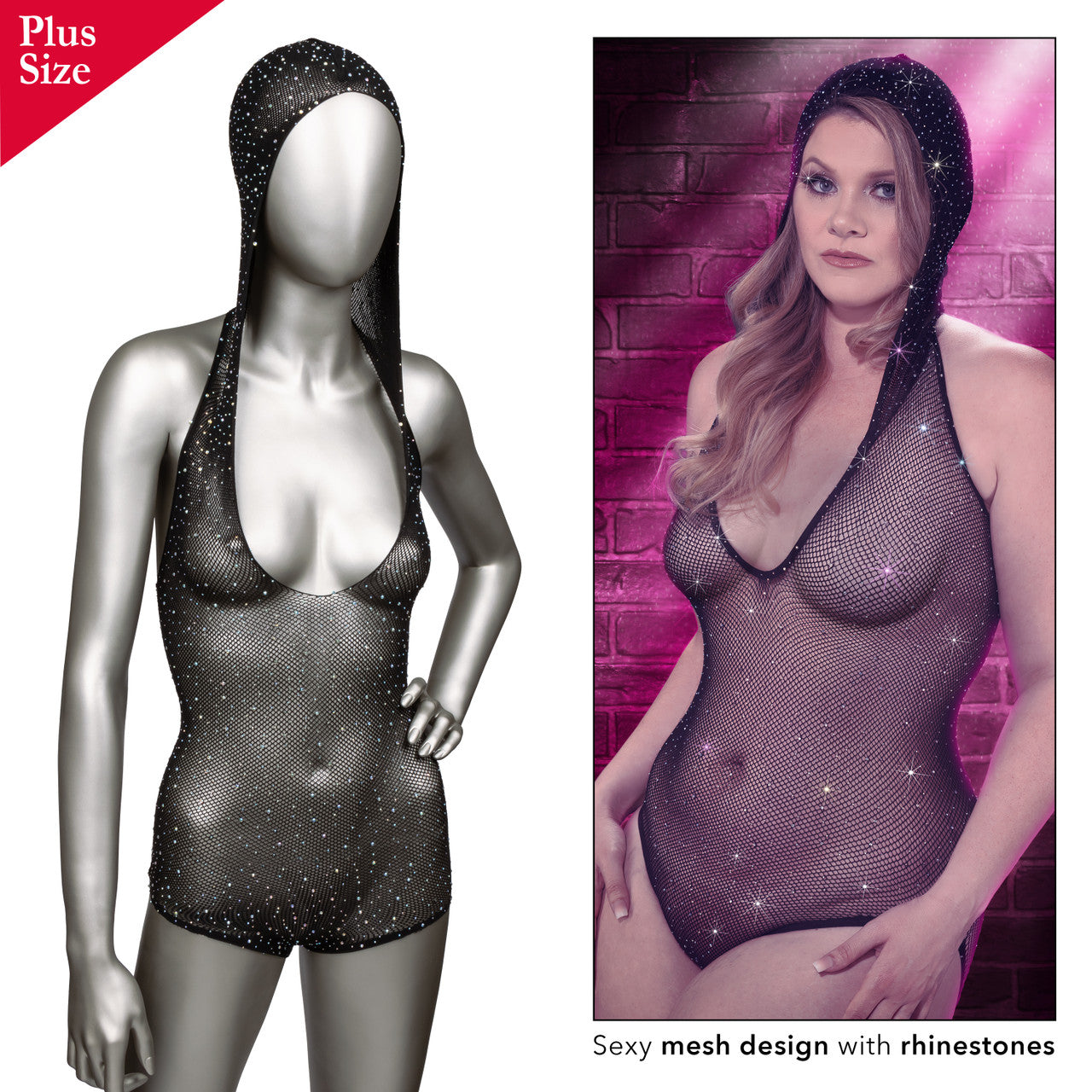 Plus size black mesh hooded bodysuit with rhinestones.